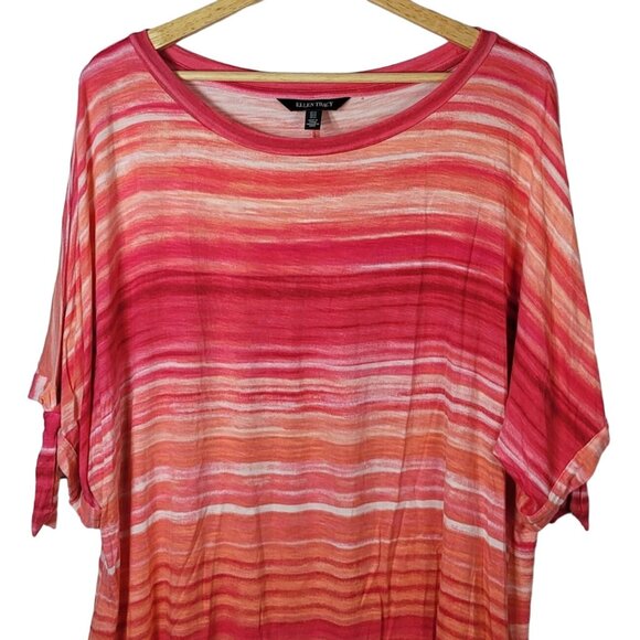 Ellen Tracy Pullover Top Pink 1X Round Neck Open Short Sleeve Ties On Striped - Picture 2 of 8